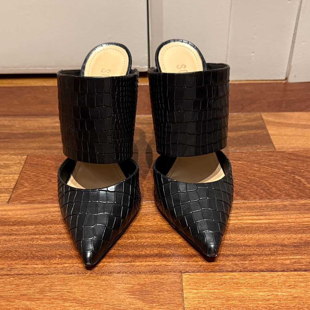 Schutz Black Croc-Embossed Pointed Toe Mule